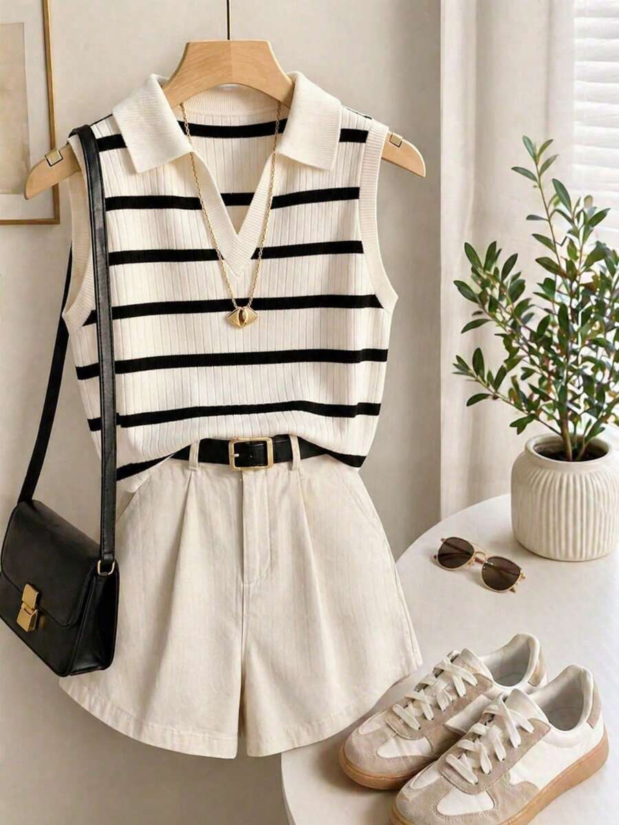 Women's Casual Striped 2 Pieces Set, Including Collar Top And Shorts, High Elastic Knit Fashion Outfit - Multicolor - View 1