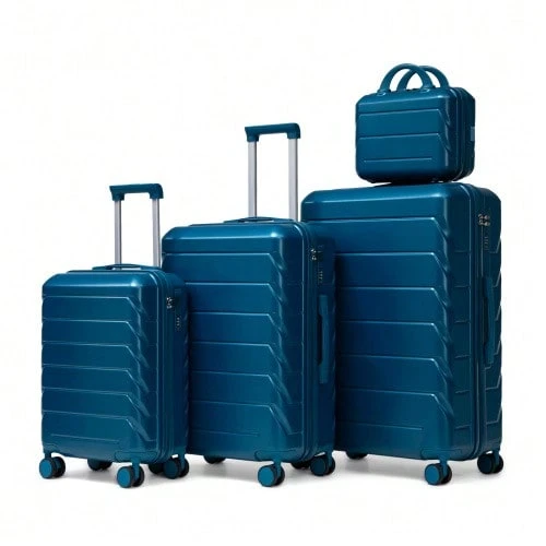 14"/19"/24"/28" 4-Piece ABS Spinner Luggage Set – Large & Medium Sizes With Side Handles, Hanging Hooks & Protective Feet – Integrated Combination Lock & 14" Cosmetic Bag - Blue - View 1