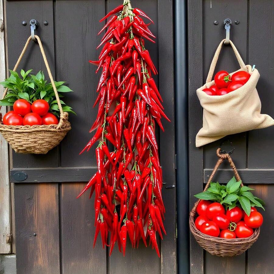 1 String Artificial Chili Pepper Decorative Fake Vegetable Artificial Plant Artificial Chili Pepper Artificial String Vegetable Artificial Fruit Vegetable Garland, Used For Home Kitchen Decoration, Farm Party, Holiday Decoration, Party, Harvest - Red - View 1