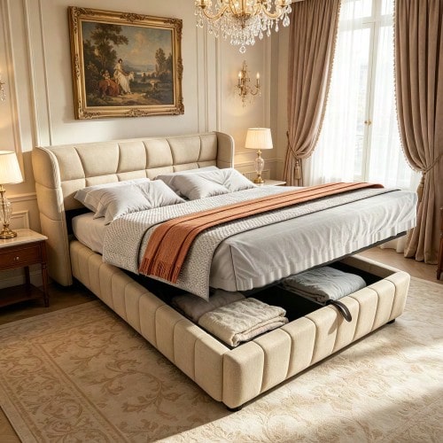 Upholstered Bed 140 X 200 Cm, Headboard, Sprung Base With Pneumatic Storage System, Linen Bed Frame, Suitable For Adults And Teenagers, Beige - Beige - View 10