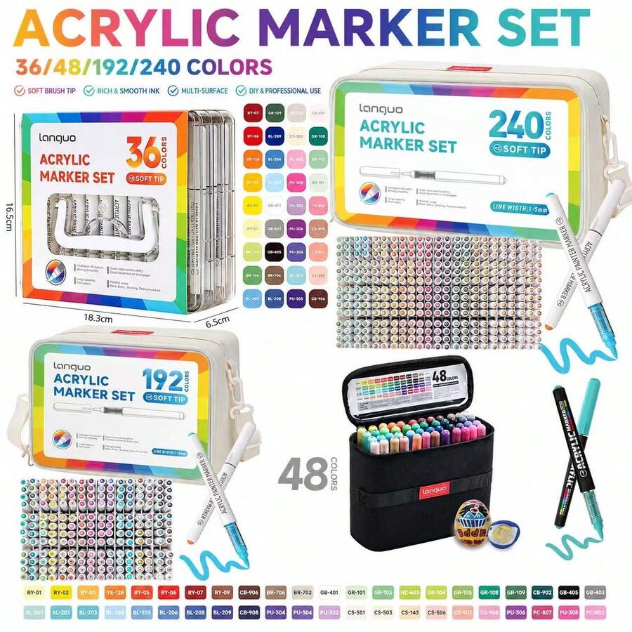 36/192/240 Colors Acrylic Paint Marker Set With Storage Box, Smooth Ink Flow, High Color Gamut Coverage, Suitable For Plastic, Glass, Metal, Bamboo, Canvas, Stone, Ceramic And Fabric Multi-Surface Painting Pens, DIY Craft Supplies And Professional Art Painting Markers - Sets - View 1