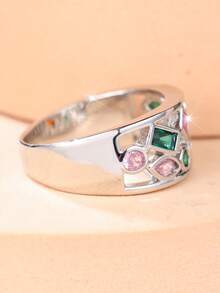 1 Elegant, Fashionable, And Colorful Women's Ring With Geometric Zirconia And Openwork Checkered Design-A Unique Accessory For Vacation And Parties - Color - View 4