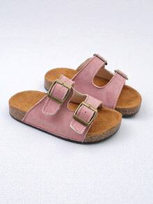 1 Pair Girls' Pink Solid Color Vintage Distressed Metal Double Buckle Decor Soft Cork Sole Non-Slip Breathable Open Toe Low-Top Double Adjustable Buckle Strap Flat Sole Casual Sandals For Home, Summer Outings, Back To School - Pink - View 4