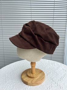 1pc Women's Autumn/Winter Brushed Brushed Slimming Equestrian Cap, Versatile Pleated Flat Top Duck Bill Hat, - Solid Color Dumpling Equestrian Hat - View 12