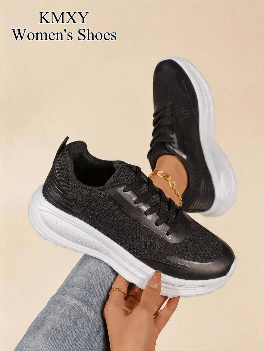 KMXY 1 Pair Breathable Mesh Lace Up Platform Walking Sneakers, Fashion Design All-Match Lightweight Casual Shoes, Four Seasons Wearable Daily Footwear - Black - View 1
