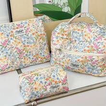 1 peça/3 peças Bolsa de Maquiagem Portátil com Zíper de Grande Capacidade, Padrão Fofo de Plantas e Flores, Moda Casual. Bolsa de Cosméticos Multifuncional de Mão, Organizador de Maquiagem Pequeno, Bolsa de Higiene Pessoal, Adequada para Viagens de Cruzeiro e Férias, Presente Perfeito para Mulheres, Estudantes de Dormitório e Meninas.,Volta às Aulas - Visão 4