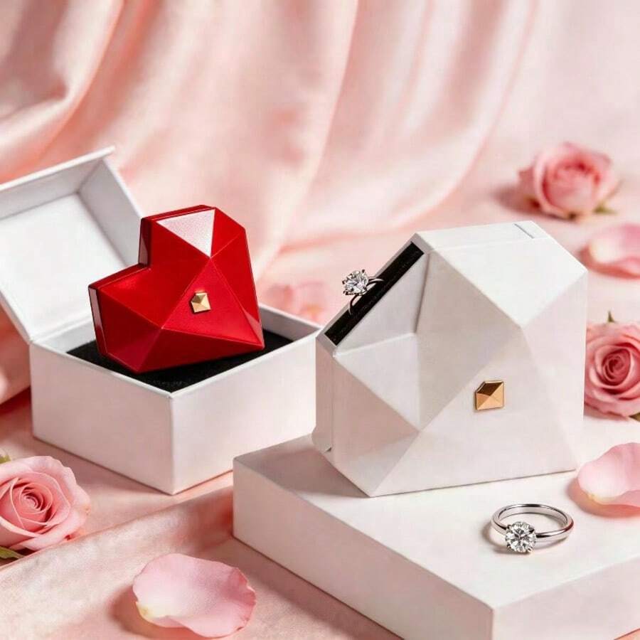 Automatic Opening Heart-Shaped Rhinestone Jewelry Box, Vintage Diamond Ring Proposal Box, Heart-Shaped Engagement Ring Box