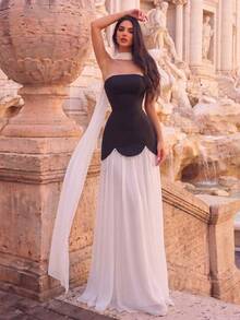 Faeriesty Elegant Strapless Evening Gown - Criss-Cross Back Straps, Flowing Drape - Perfect For Red Carpet Events, Weddings, Galas, And Social Gatherings - Black and White - View 2