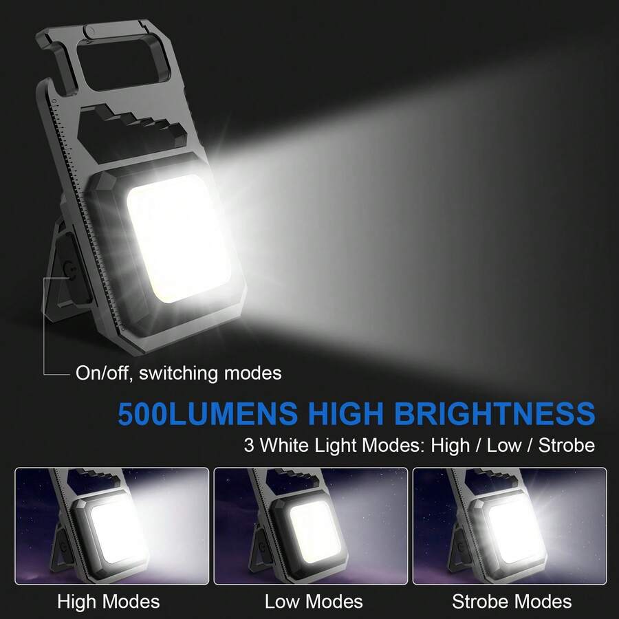 KZ USB LED Mini COB 鑰匙圈手電筒 可充電燈 3 種照明模式 適用於露營、居家、釣魚等 鑰匙圈工作燈 緊急燈 附折疊支架、開瓶器、掛鉤與可調式支架設計 - 8合1 - 查看 1