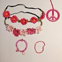 5pcs Hippie Accessories Set, Including Peace Sign Beaded Bracelet, Necklace, Flower Crown Headpiece, Hippie Costume Props, Suitable For Women To Attend Parties, Can Be Used For Halloween Party Costume - Multicolor - View 6