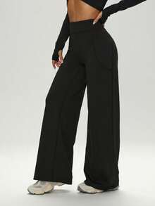 One Piece Women's Solid Color High Waist Yoga Long Loose Wide Leg Pants, Comfortable Slimming Versatile, Suitable For Running And Fitness - Black - View 5