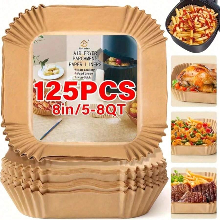 100pcs Disposable Air Fryer Paper Liners Square Non-Stick Baking Sheets With Raised Edge For Oven, Basket, Roasting, Cooking, Easy Cleanup