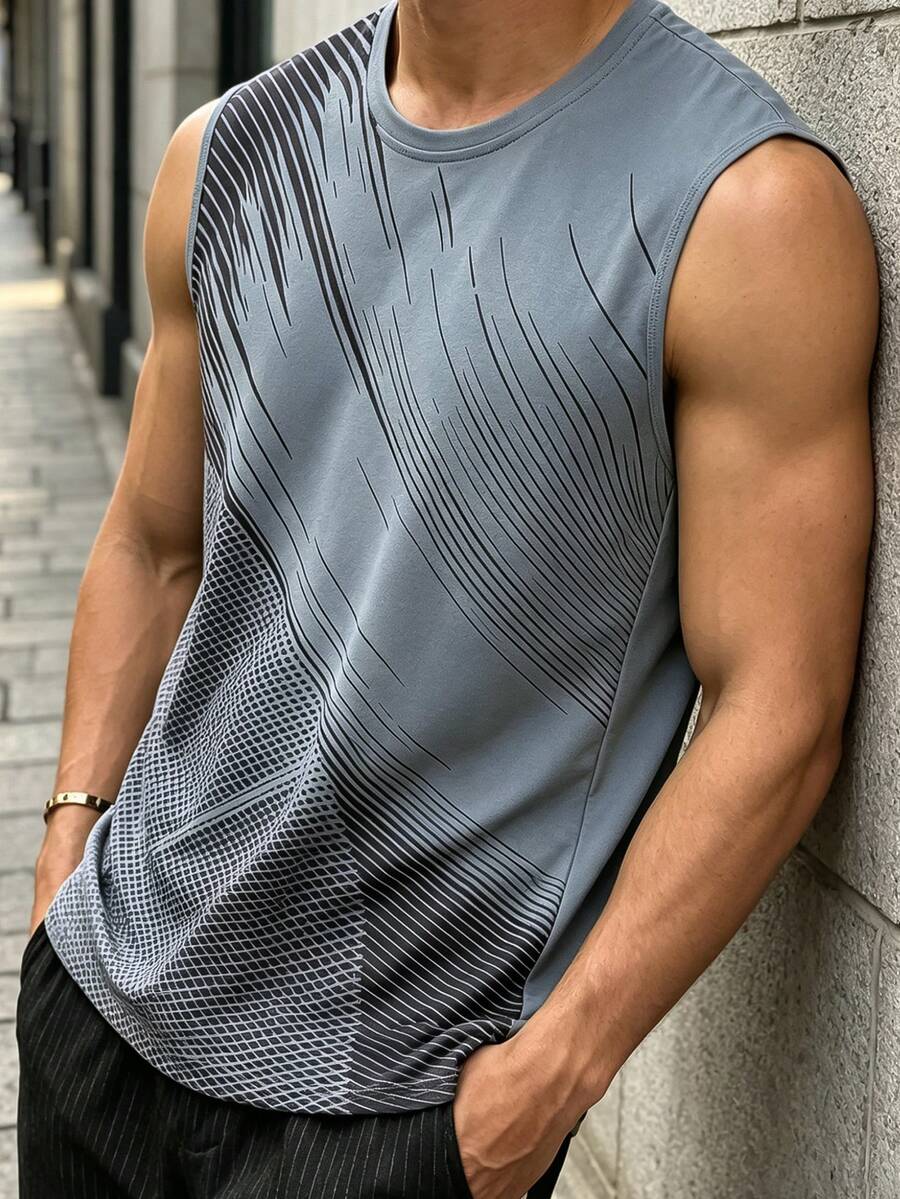 男士運動背心,夏季圓領無袖健身跑步上衣 - 灰色 - 查看 1