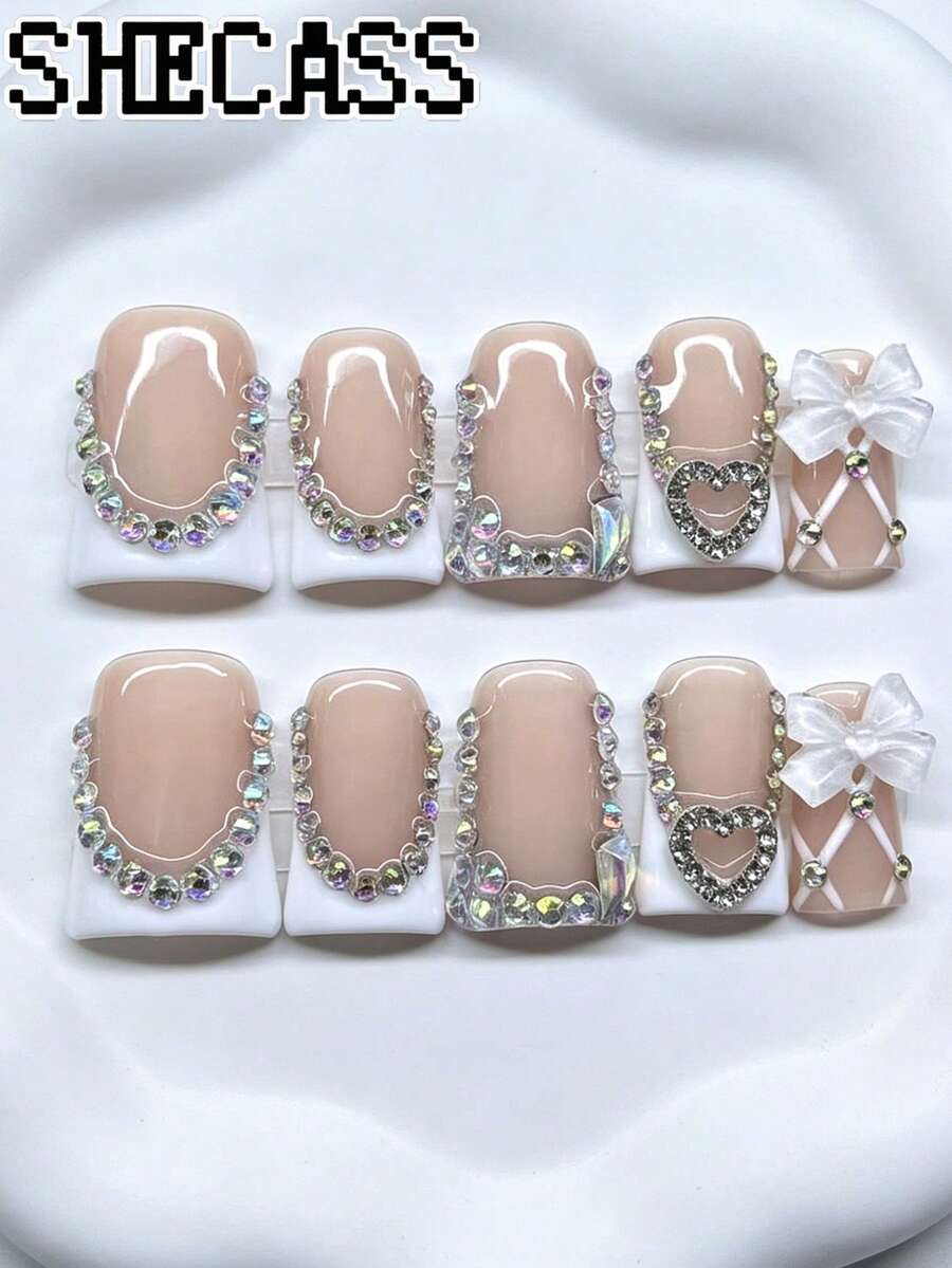 Shecass 10pcs Handmade Press-On Nails Short Length Suitable For Summer Vacation Graduation Party - 彩色 - 查看 1