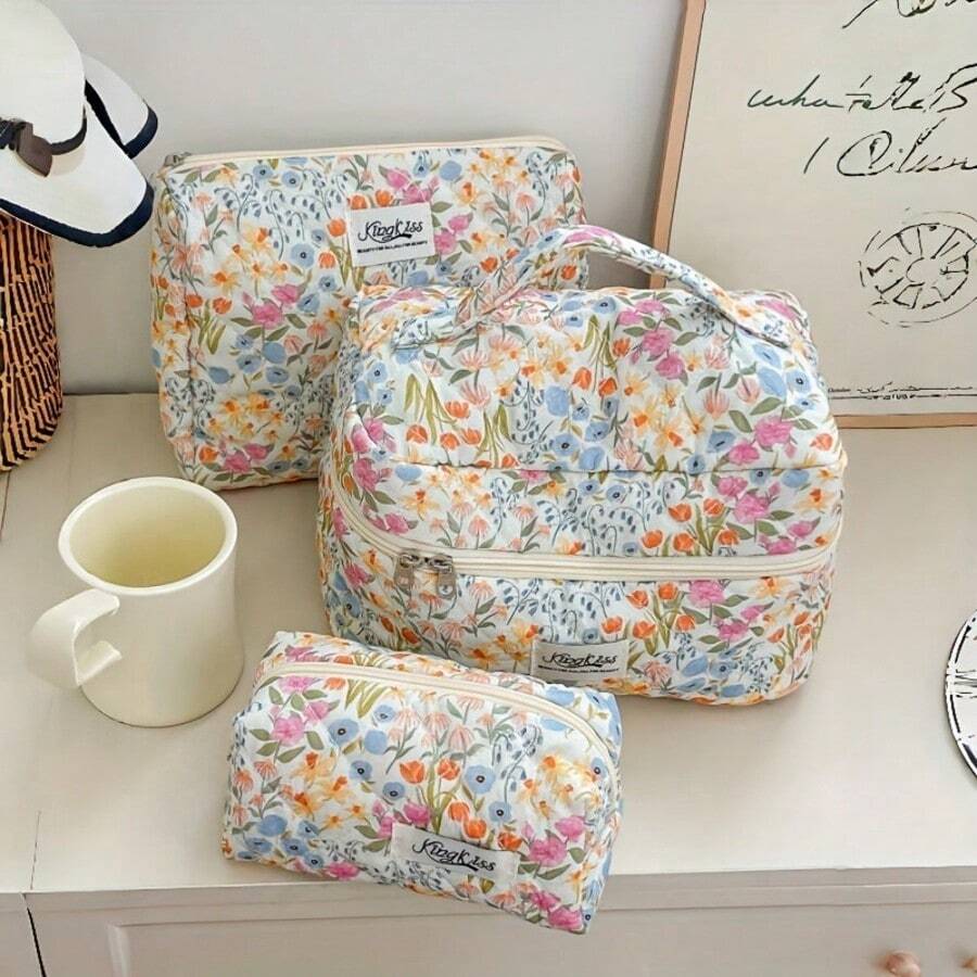 1 peça/3 peças Bolsa de Maquiagem Portátil com Zíper de Grande Capacidade, Padrão Fofo de Plantas e Flores, Moda Casual. Bolsa de Cosméticos Multifuncional de Mão, Organizador de Maquiagem Pequeno, Bolsa de Higiene Pessoal, Adequada para Viagens de Cruzeiro e Férias, Presente Perfeito para Mulheres, Estudantes de Dormitório e Meninas.,Volta às Aulas