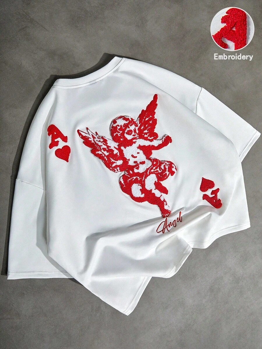 Camiseta Blanca Holgada  con Eslógán Rojo Bordado en 3D, Estilo Casual Urbano - Bronce - Ver 1