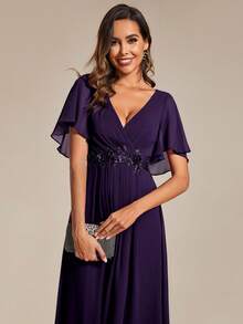 EVERPRETTY Elegant Dark Purple Chiffon Wedding Guest Dress For Fall Wedding Anniversary With Floral Applique Waist And Flutter Sleeves Romantic Formal Dress - Purple - View 2