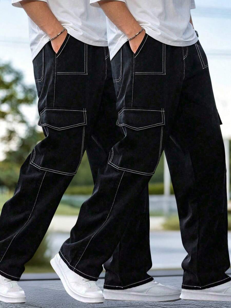 2pcs Men's Summer Cargo Straight Leg Pants, Loose Fit Multi-Pocket ...