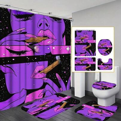 4pcs Sexy Lip Printed Shower Curtain Set, Fashionable Smoke And Cool Women'S Printed Shower Curtain Bathroom Sets Full Set With Hooks, Non-Slip Mat, Toilet Lid Mat And U-Shape Mat, Bathtub Partition, Modern Bathroom Decor And Accessories