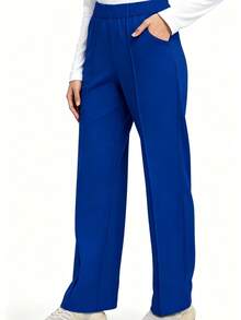 Spring/Summer Solid Color Multi-Pocket Pants, Fashionable Relaxed Fit Wide Leg Straight Trousers, Suitable For Beauty Salon, Commuting, Work Fall - Blue - View 6