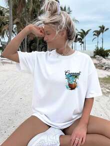 1 pezzo Maglietta casual 100% cotone con grafica "Coconut Paradise Beach", girocollo e maniche corte, ideale per i viaggi. - Bianco - Visualizzare 2