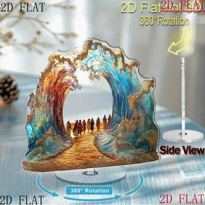 2D Flat Printing, Not 3D, 1pc Moses Parting The Sea Desktop Decor - 360° Rotating 2D Flat Bible Ornament, Suitable For Home, Office, Easter - No Battery Required, Easy To Place - Religious Gift Idea, Dynamic Visual Effect, Handmade Style, Holiday Shoppers, 2D Flat