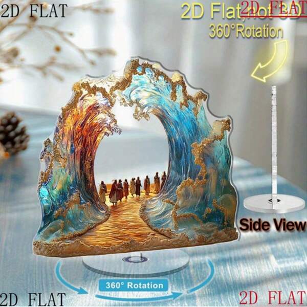 2D Flachdruck, nicht 3D, 1 Stück Moses teilt das Meer Schreibtischdekoration - 360° drehbares 2D flaches Bibelornament, geeignet für Zuhause, Büro, Ostern - keine Batterie erforderlich, einfach zu platzieren - religiöse Geschenkidee, dynamischer visueller Effekt, handgefertigter Stil, Feiertagskäufer, 2D flach