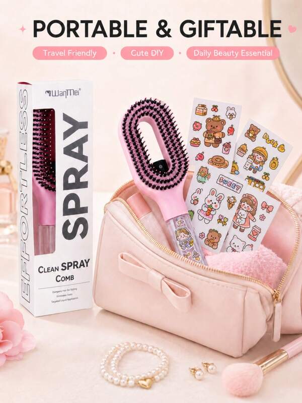 1pc 2-In-1 Spray Hair Comb With Random Cute Sticker Sheet, Portable Mist Hair Styling Brush For Smoothing Flyaways, Daily Hair Touch-Up, Travel & DIY Handle Decor