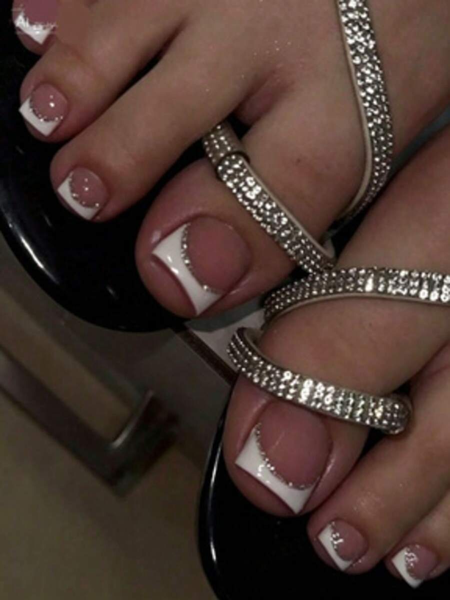 24pcs French White Wearable Toenails, Silver Glitter Pearl Toenails, Minimalist Short Square Toenail Nail Art Set, Includes 1pc Adhesive Sticker And 1pc Mini Nail File, Suitable For Daily Use - 彩色 - 查看 1