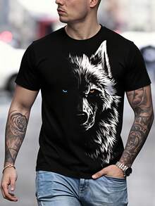 Camiseta Vintage de Lobo Aullando para Hombre - 100% Algodón Manga Corta Cuello Redondo Estampado de Animal - Top Casual y Semi-Casual para Todas las Estaciones - Negro - Ver 1
