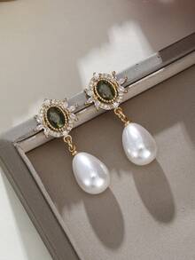 1 Pair Vintage Green Zirconia Teardrop Faux Pearl Earrings For Women To Wear,For Brides,Weddings,Daily Wear,Romantic Jewelry Gifts - Earrings - View 5