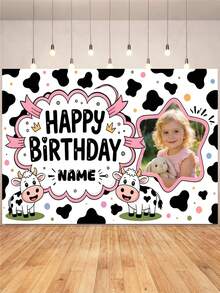 1pc Customizable Photo & Name Pink Cartoon Cow Print Happy Birthday Backdrop Banner, Black & White Cow Pattern Full Background With Pink Polka Dots And Pink Decorative Ribbon, Cute & Playful, Suitable For Cow Theme Birthday, Baby Shower Party Background Decoration Photography Banner Vinyl - Type a - View 2