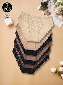 7pcs Women's Floral Lace Cotton Mid-Waist Embroidered Panties, Soft And Comfortable - Multicolor - View 4
