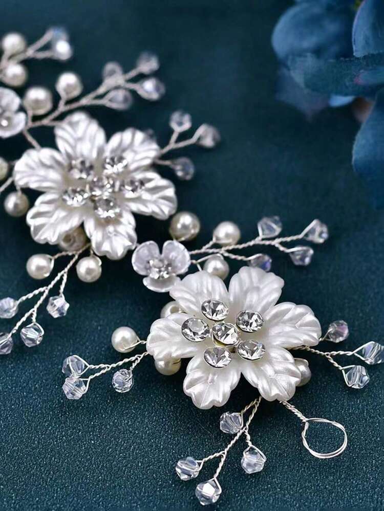 1 buah Hiasan Kepala Pengantin Gaya Korea untuk Anak Perempuan, Bunga Kristal Akrilik Buatan Tangan dengan Mutiara, Aksesori Rambut - Putih - View 5