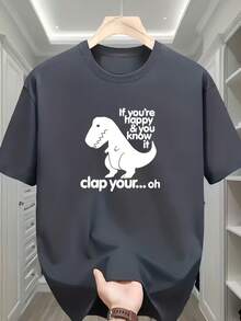 White Short-Sleeved T-Shirt Displayed in a Fashion Cloakroom Scene: Decorated with a Black Cartoon Tyrannosaurus Rex Silhouette And Humorous Text "If - Weiss - Übersicht 9