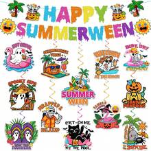 Summerween 派對裝飾橫幅套組，包含 Happy Summer 串旗、懸掛式螺旋夏威夷搞怪萬聖節夏季裝飾，適用熱帶海灘泳池萬聖節派對用品 - 夏日萬聖-A - 查看 1
