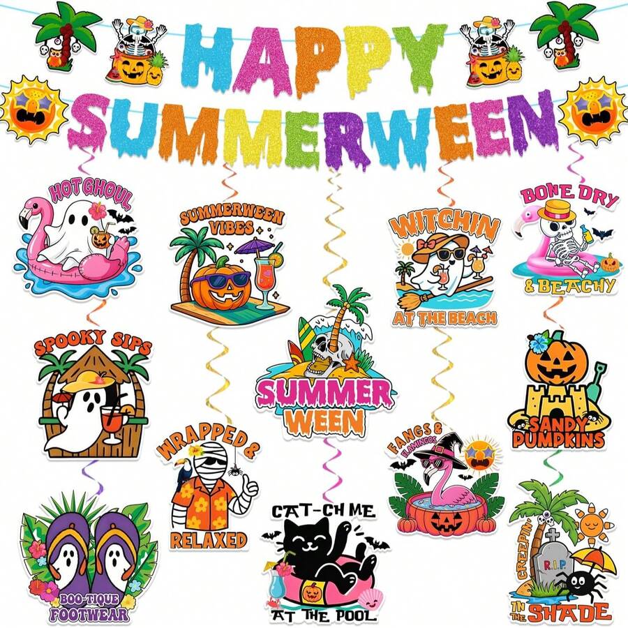 Summerween 派對裝飾橫幅套組,包含 Happy Summer 串旗、懸掛式螺旋夏威夷搞怪萬聖節夏季裝飾,適用熱帶海灘泳池萬聖節派對用品 - 夏日萬聖-A - 查看 1