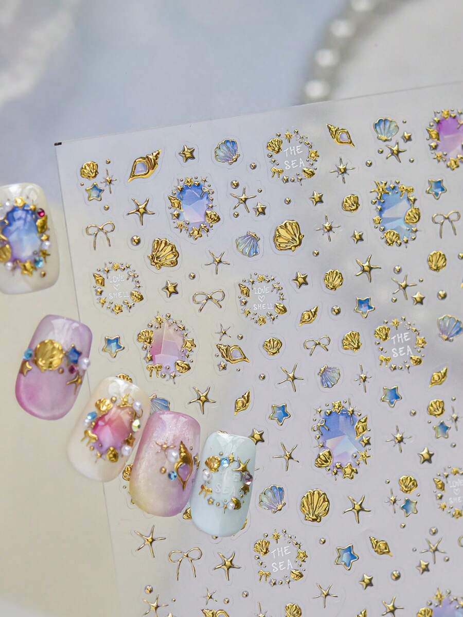 1 pieza Pegatina de arte de uñas con cristal de strass dorado, pegatina de decoración de uñas de textura premium, pegatina de arte de uñas DIY de concha metálica de alta gama, pegatinas de uñas - Dorado - Ver 1