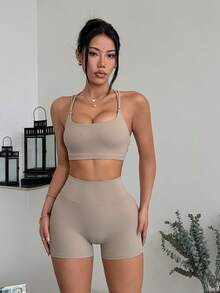 Conjunto de 2 piezas Luster Bright para mujer, top corto sexy de cuello cuadrado y shorts deportivos, ajuste casual, marrón, para verano y otoño, para gimnasio, yoga, fitness, running, pilates y espalda - Café integral - Ver 5