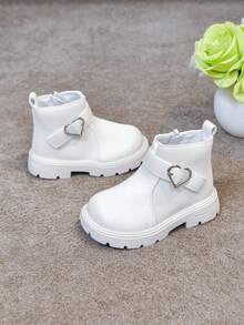 1 Pair Girls' Heart Button Boots, New Spring/Autumn Fashion Buckle Princess Boots, Korean Style Versatile Fashion Ankle Boots - White - View 5