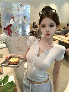 性感修身V領蝴蝶結清新短袖T恤夏季女上衣 - 藍色 - 查看 2