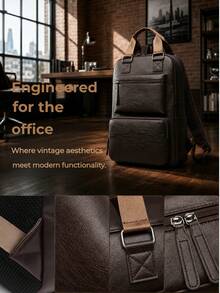 NEWHEY Multi-Compartment PU Soft Leather Men's Backpack Fits 15.6-Inch Business Laptop Large Capacity Travel Bag Lightweight School Bag Daily Personal Item - Brown - View 6