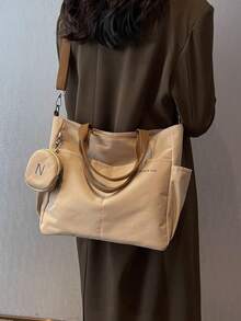 Letter Print Shopping Tote Bag And Coin Purse - Khaki - View 4