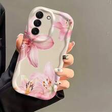 1pc Pink Floral Soft White Cream TPU Curly Wavy Border Phone Case, Compatible With Samsung A14/A15/A16/A17/A04/A05/A06/A07/A54/A55/A56/A57/A34/A35A/36/A37/S26/S26Plus/S26Ultra/Transsion SMART7/8/9/10 - White - View 5