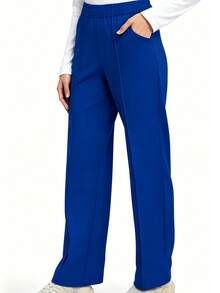 Spring/Summer Solid Color Multi-Pocket Pants, Fashionable Relaxed Fit Wide Leg Straight Trousers, Suitable For Beauty Salon, Commuting, Work Fall - Blue - View 7