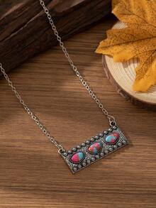 European And American Bohemian Style Women's Vintage Fashion Personalized Rectangular Multicolor Stone Necklace, Suitable For Spring And Summer Clothing Matching, Holidays And Other Occasions - Purple - View 16