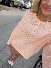 FOR BEAUTY Women's Spring/Autumn/Winter Pink Y2K Casual Long Sleeve Hollow Knit Sweater, Round Neck Fall - Shrimp Powder - View 3