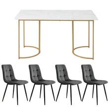 Dining Set (5-Piece), Dining Table With 4 Chairs, Modern Kitchen Table Set, 140*80cm Kitchen Table With Gold Metal Legs, MDF Tabletop In White, Dark Grey Velvet Dining Chairs - Gold - View 4
