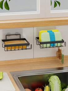 Drill-Free, Self-Adhesive Draining Storage Rack Suitable For Kitchen Sinks And Bathrooms. It Holds Cleaning Sponges, Cloths, And Soap, While Side Hooks Allow For Hanging Brushes And Peelers-Or Bathroom Items Like Hair Ties And Bath Poufs. - Black - View 6
