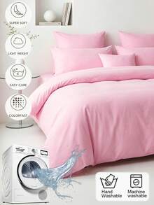 Solid Color Skin-Friendly Brushed Duvet Cover Set 3pcs (1*Duvet Cover + 2*Pillowcases, No Filling), Machine Washable, All Season, Suitable For Bedroom, Soft And Comfortable - Baby Pink - View 2